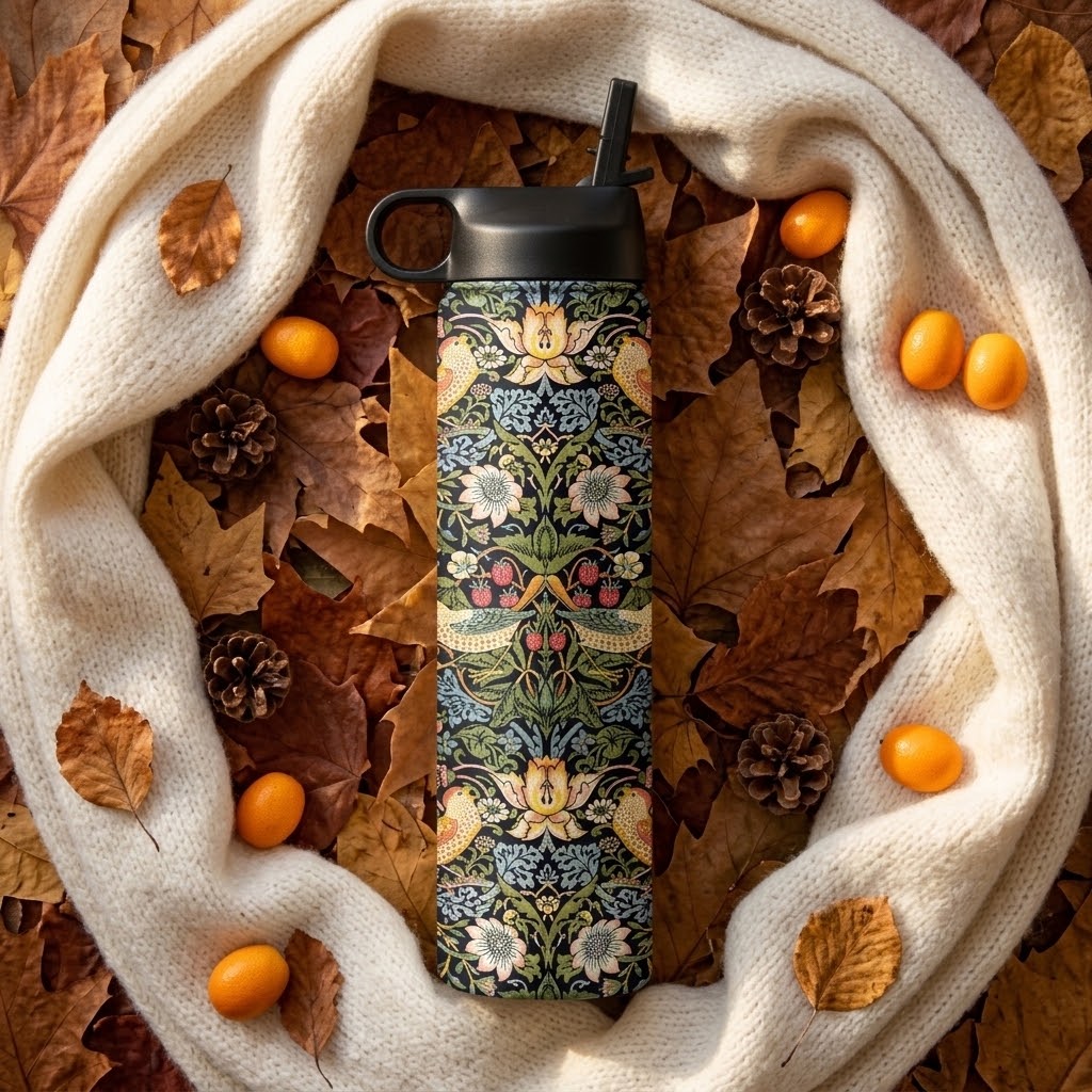 William Morris "Strawberry Thief" 24 oz Insulated Tumbler lying atop leaves with acorns