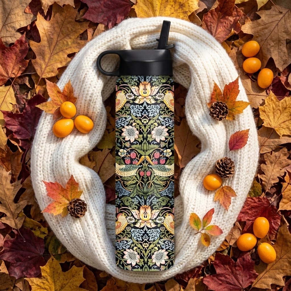 William Morris "Strawberry Thief" 24 oz Insulated Tumbler on a scarf with a bed of leaves