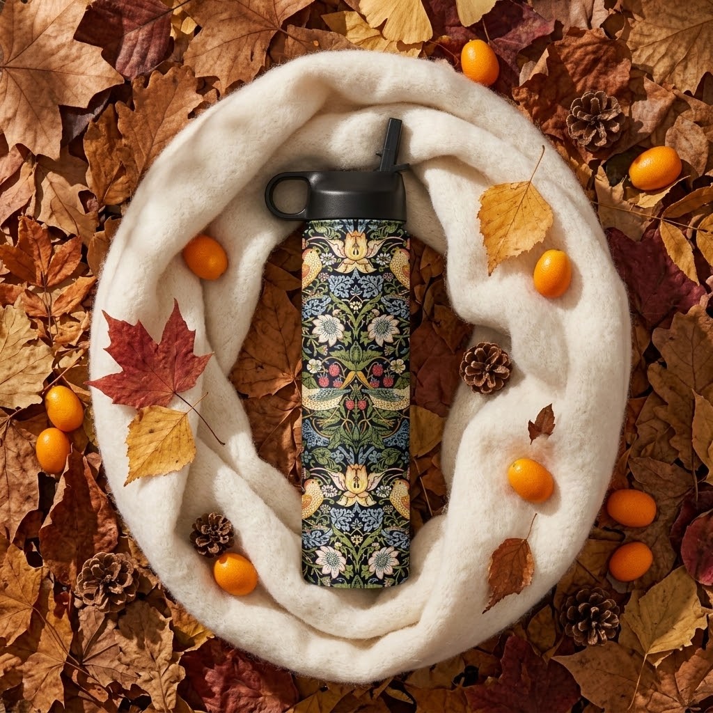 William Morris "Strawberry Thief" 24 oz Insulated Tumbler on an autumnal background