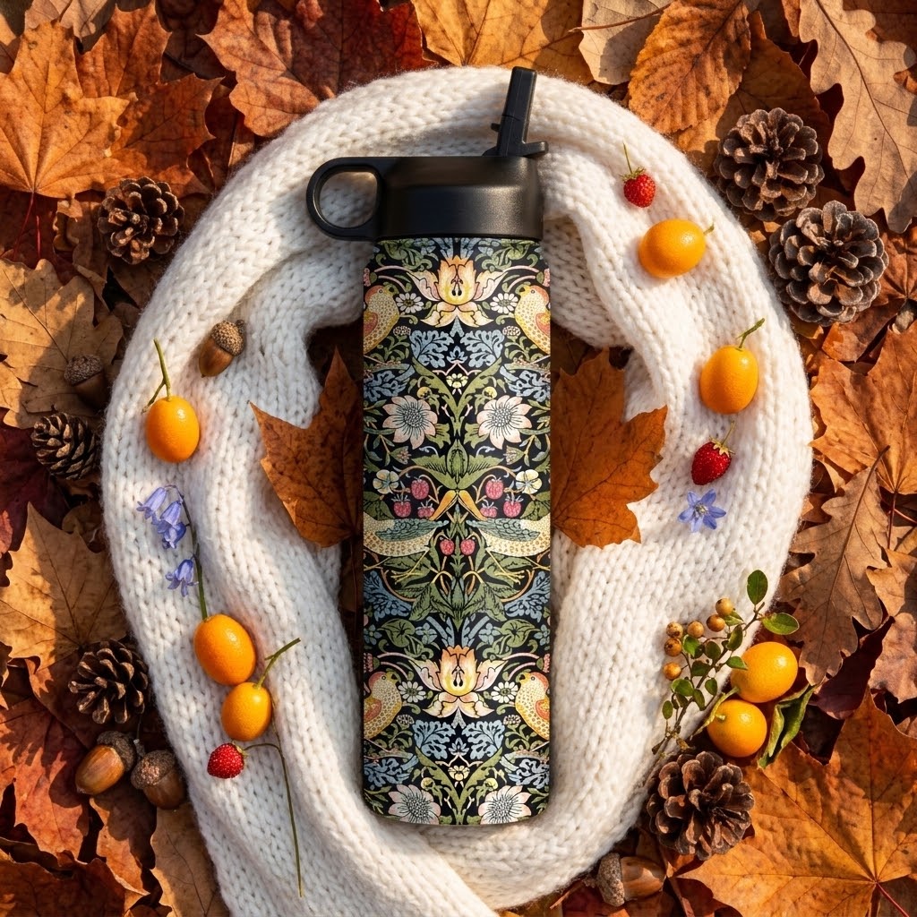 William Morris "Strawberry Thief" 24 oz Insulated Tumbler with fall leaves and pinecones