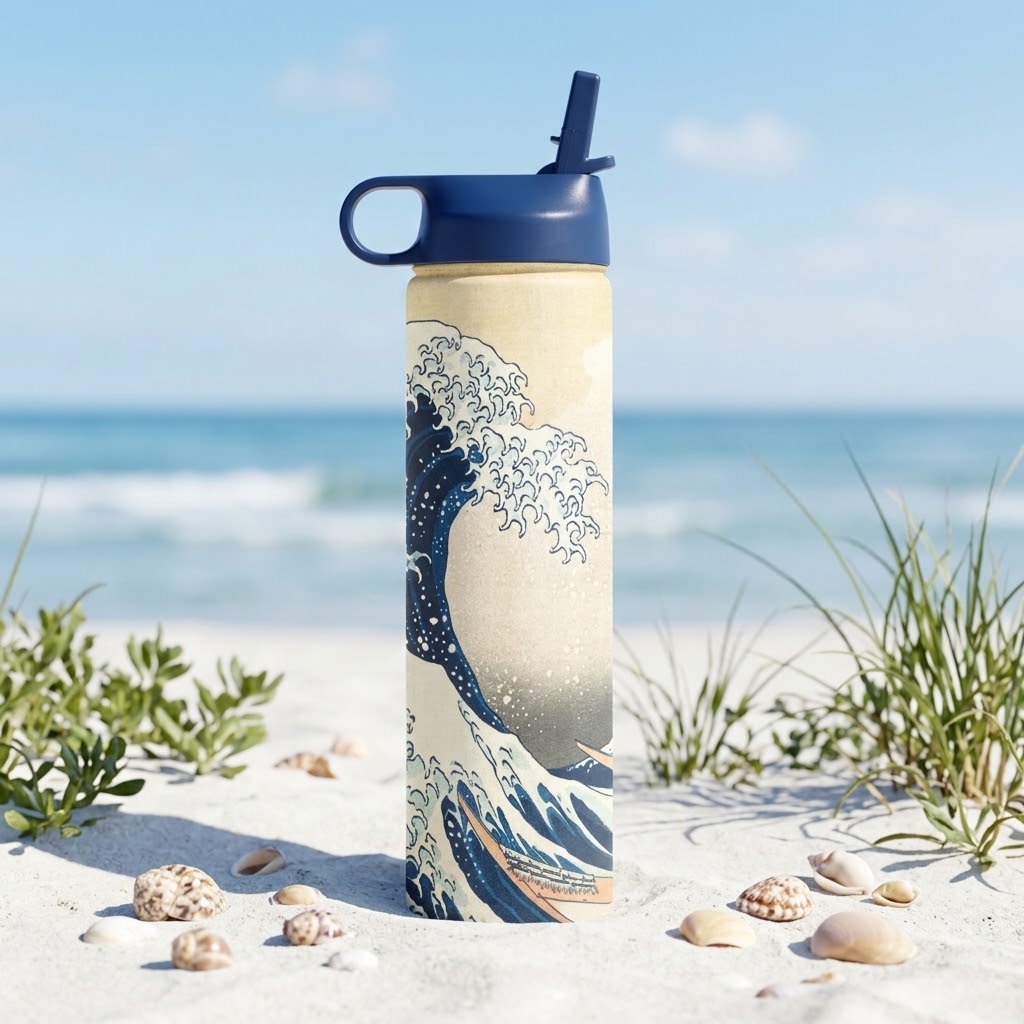 Hokusai "The Great Wave" 24 oz Insulated Tumbler in a summer beach scene