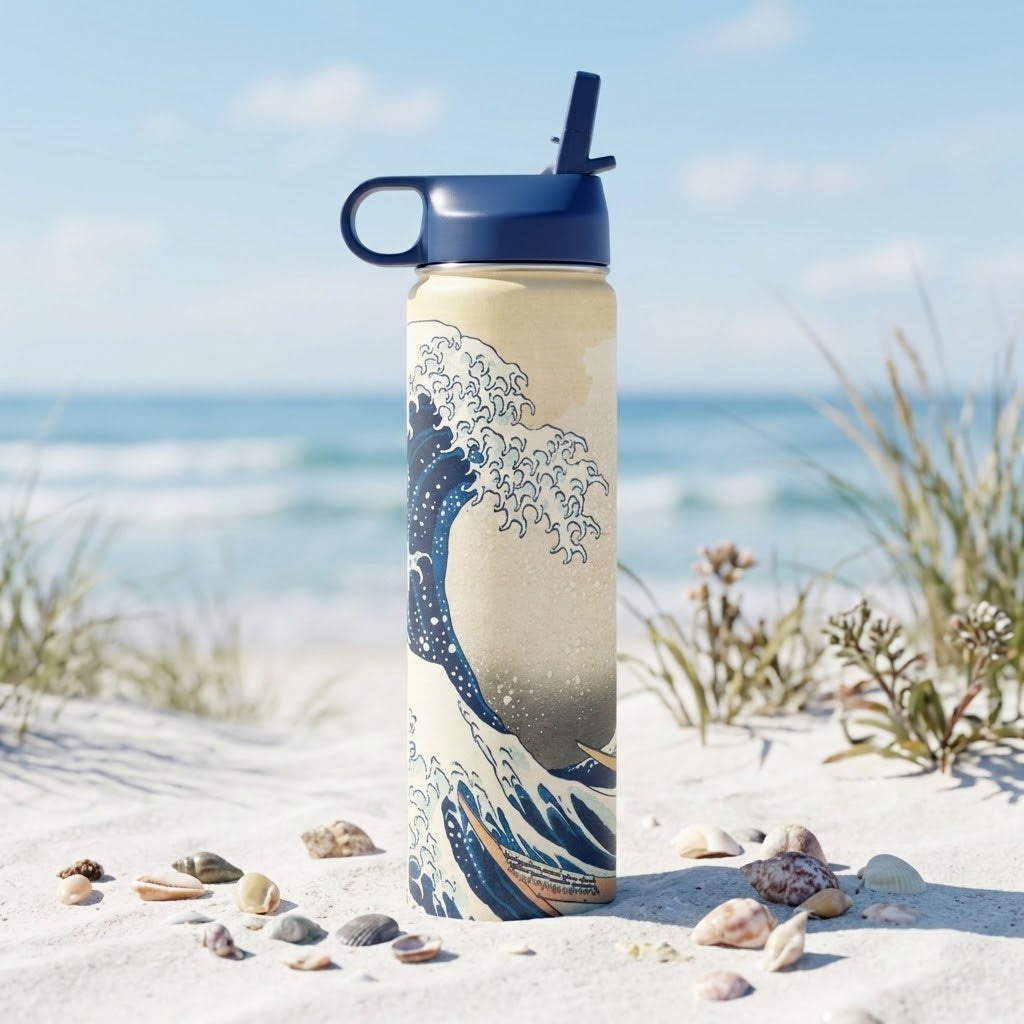 Hokusai "The Great Wave" 24 oz Insulated Tumbler with seashells on a beach