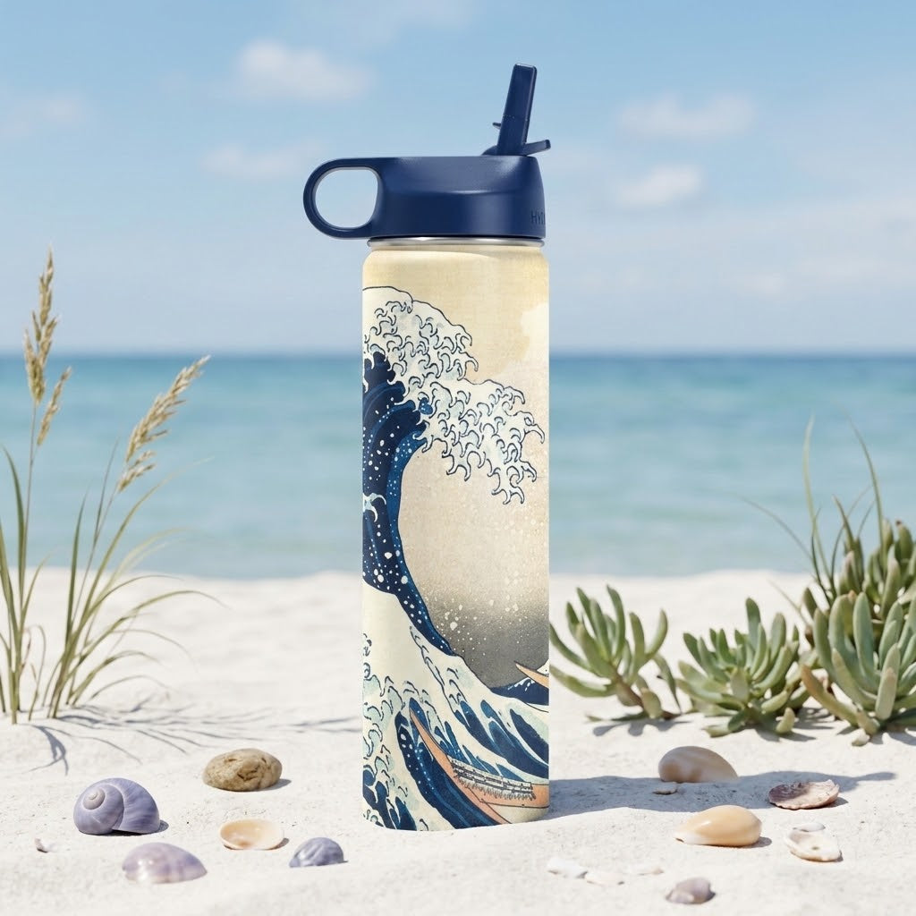 Hokusai "The Great Wave" 24 oz Insulated Tumbler next to seashells and vegetation along a shore