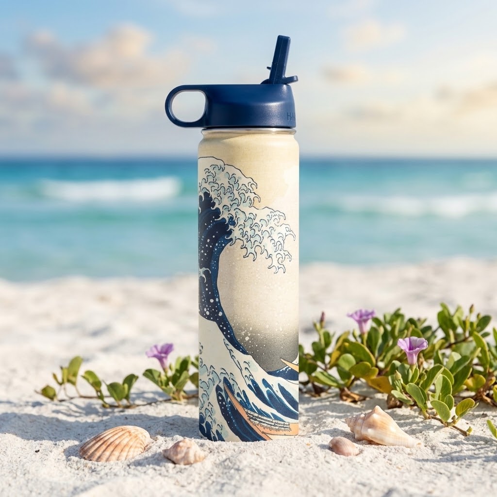 Hokusai "The Great Wave" 24 oz Insulated Tumbler with flowers and seashells at a beach