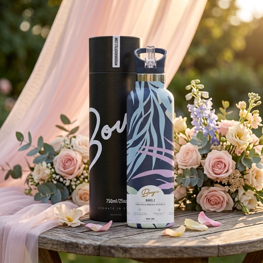 Nahele 25 oz Insulated Bottle | 3D Navy Tropical Palm with a wedding bouquet