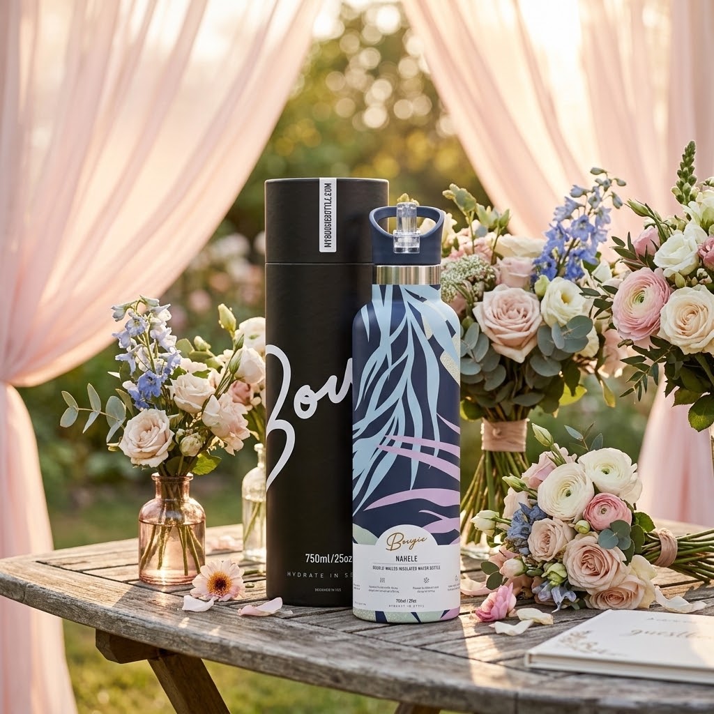 Nahele 25 oz Insulated Bottle | 3D Navy Tropical Palm with wedding bouquets and a guestbook