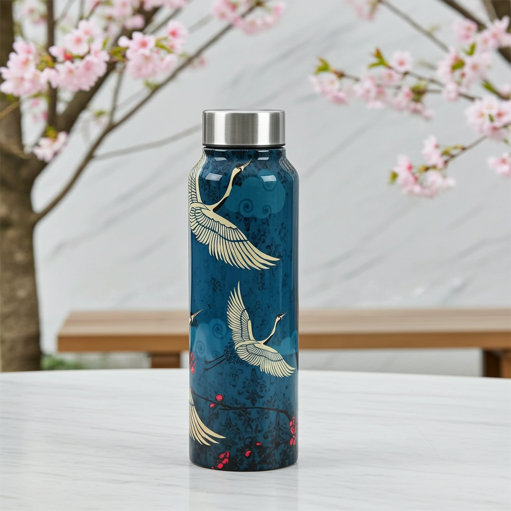 Legend of the Cranes Big Steel Bottle 750 mL on a table with cherry blossoms in the background