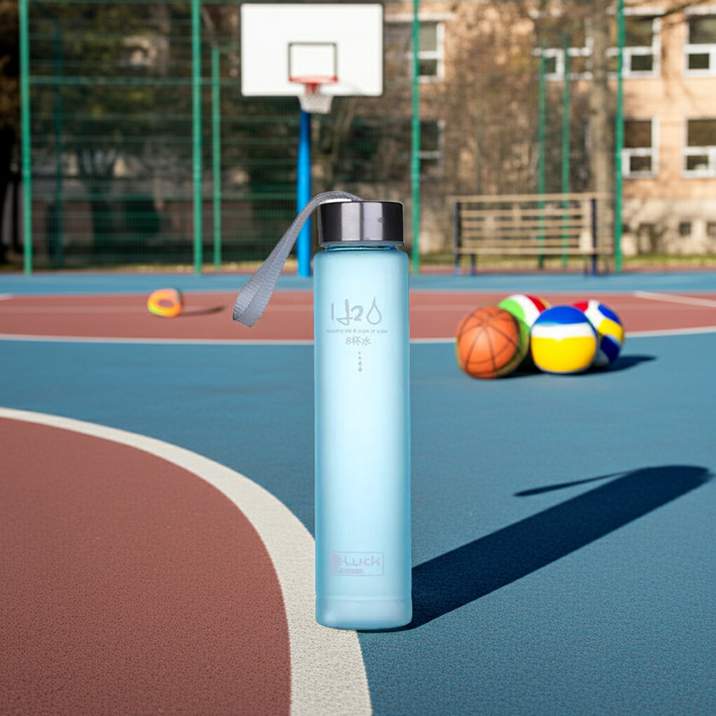 Frosted Plastic Water Bottle — 280ml, Leak-Proof, 12 Colors at a school basketball court