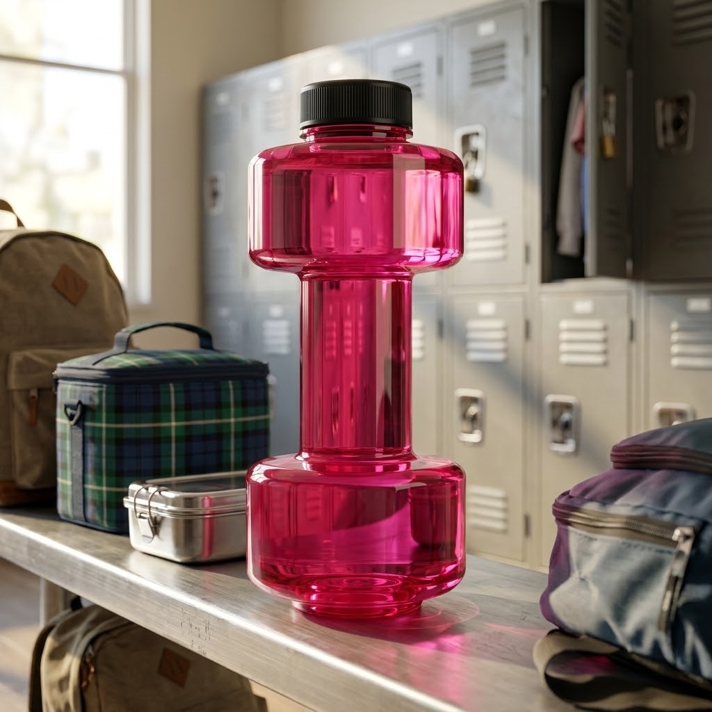 Dumbbell Water Bottle — 550ml on a bench in a locker room