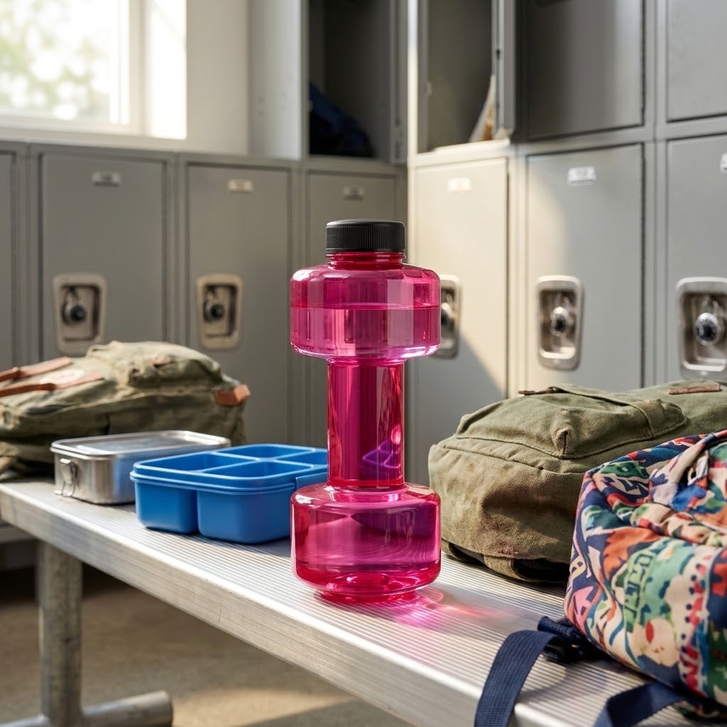 Dumbbell Water Bottle — 550ml on an aluminum bench in a locker room