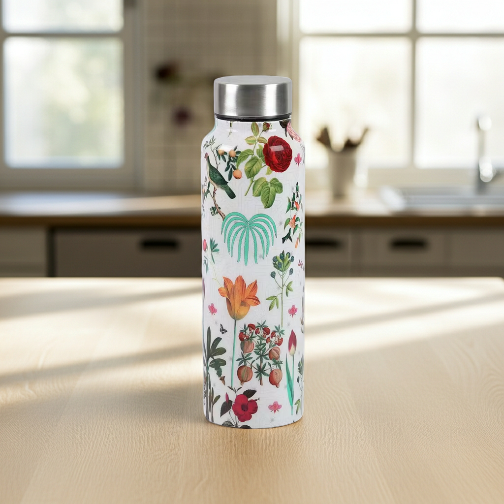 Petal and Plume Big Steel Bottle 750 mL on a kitchen counter
