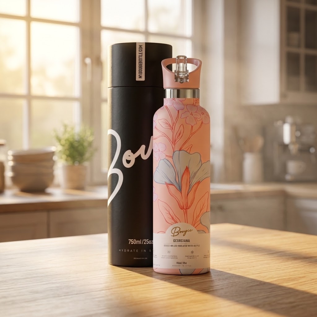 Georgiana 25 oz Insulated Bottle | 3D Peach & Blue Tulip on a kitchen table