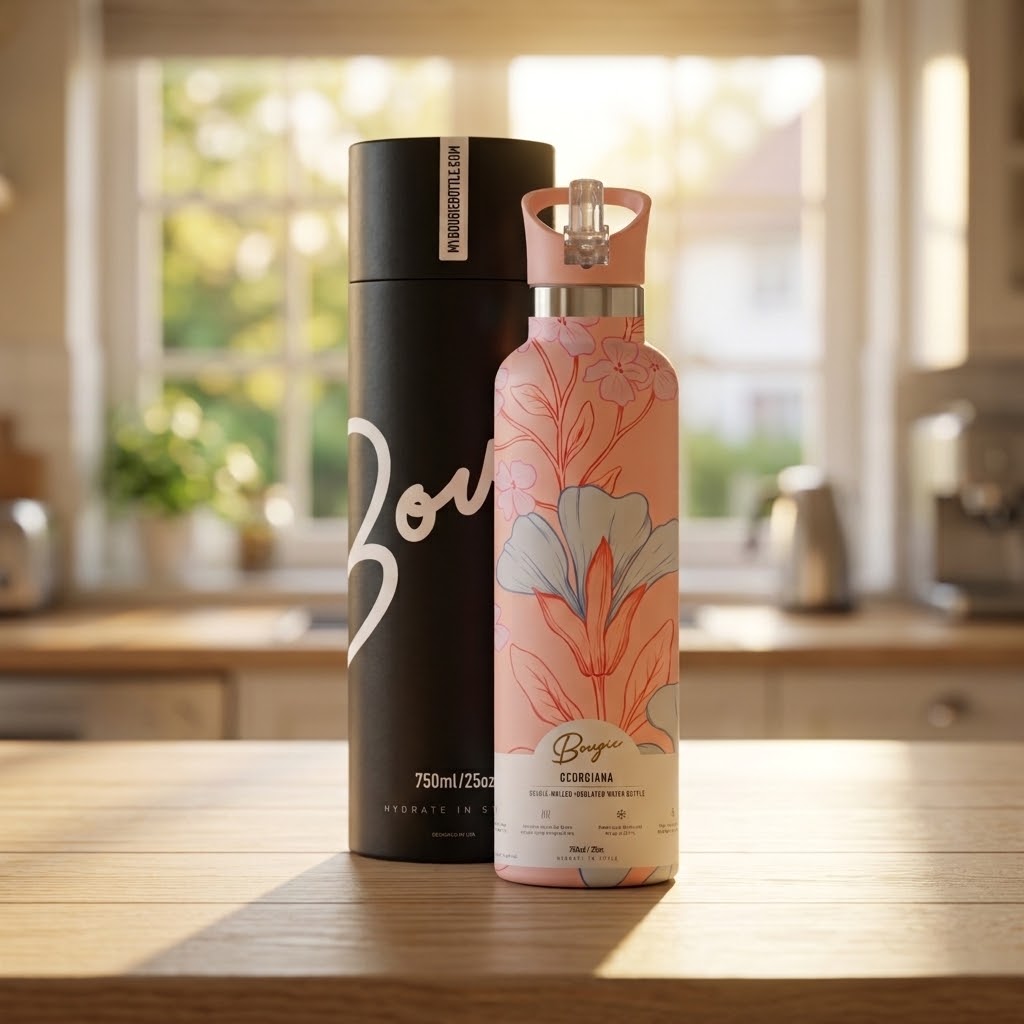 Georgiana 25 oz Insulated Bottle | 3D Peach & Blue Tulip on a kitchen island