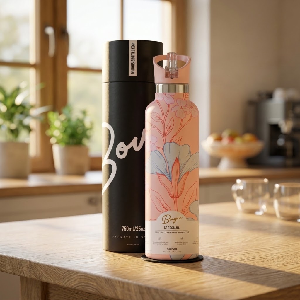 Georgiana 25 oz Insulated Bottle | 3D Peach & Blue Tulip on a kitchen table with glasses