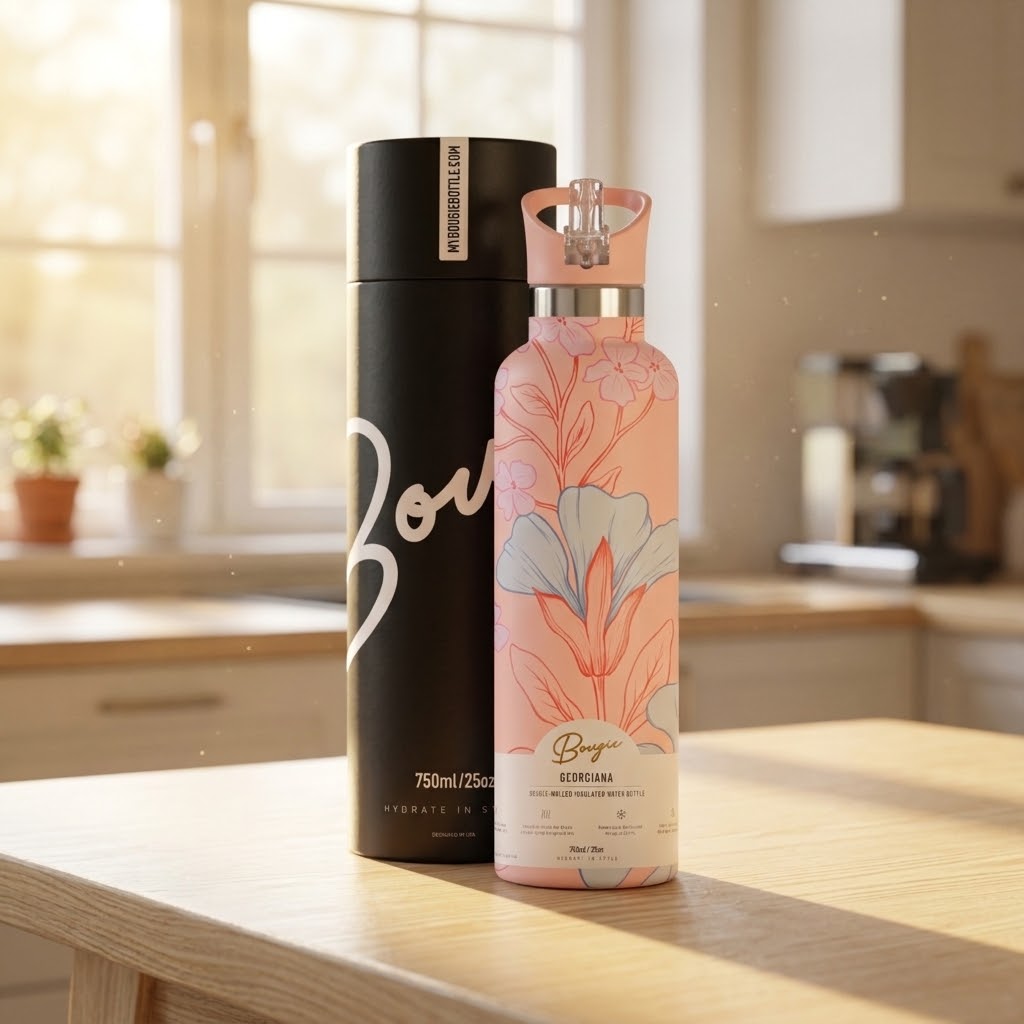 Georgiana 25 oz Insulated Bottle | 3D Peach & Blue Tulip in a home kitchen