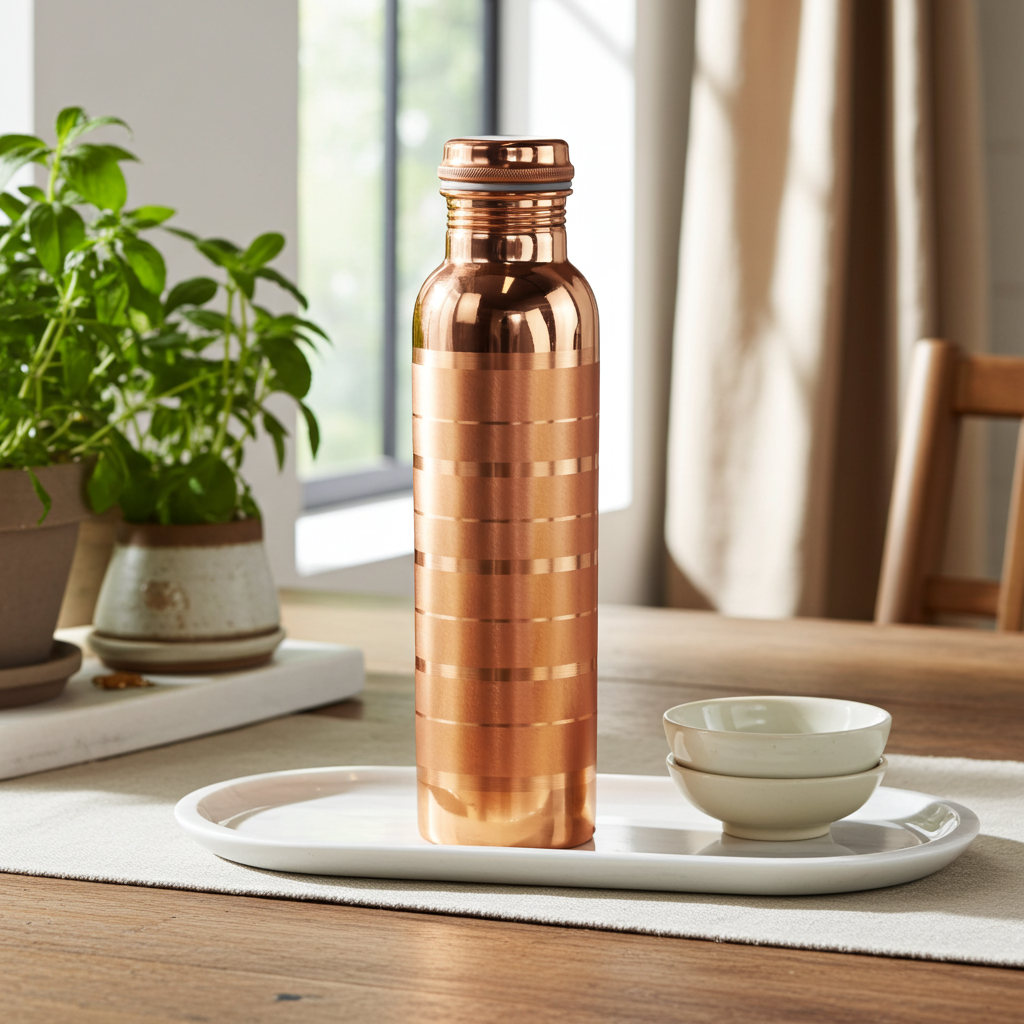 Handmade Brass Water Bottle Gold Stripes on a kitchen table with teacups and houseplants