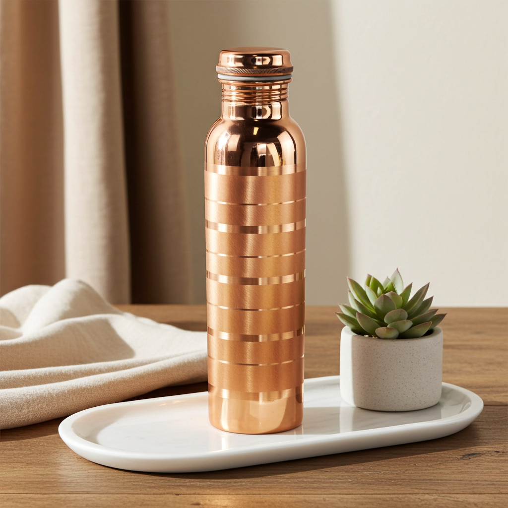 Handmade Brass Water Bottle Gold Stripes on a table next to a houseplant