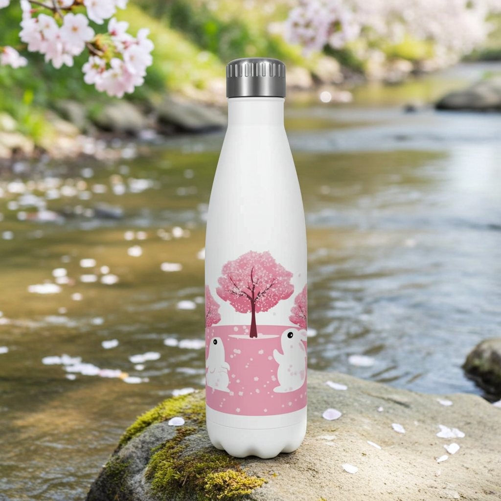Insulated Stainless Steel Rabbit Design Water Bottle on a rock next to a stream