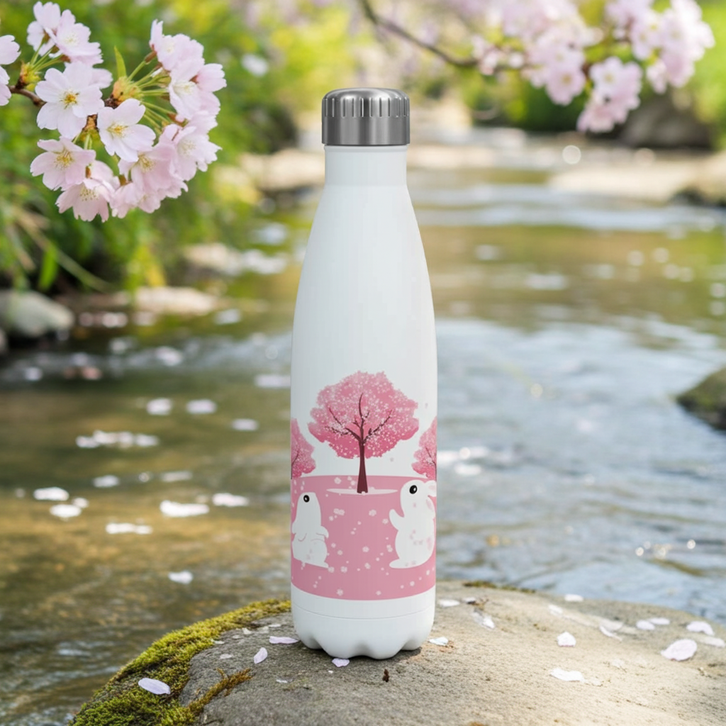 Insulated Stainless Steel Rabbit Design Water Bottle on a rock next to a stream with cherry blossoms