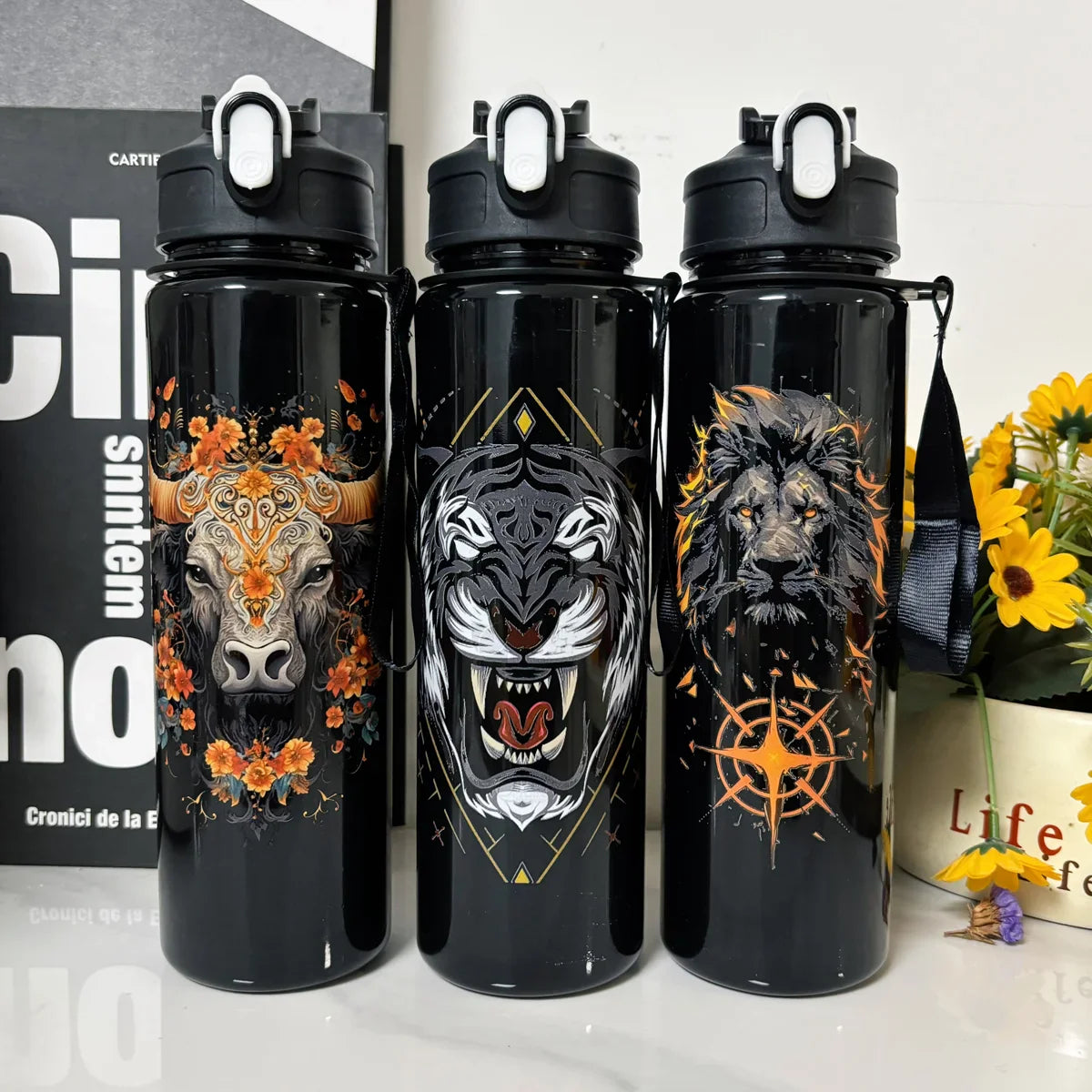 Animal Print Water Bottle — Lion, Tiger & Cow | 750ml