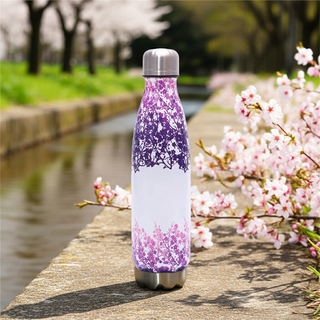 304 Stainless Steel Multicolor Water Bottle Lavender Blossom next to a canal with cherry blossoms