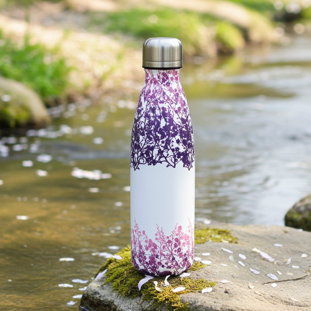 304 Stainless Steel Multicolor Water Bottle Lavender Blossom on a rock in a river