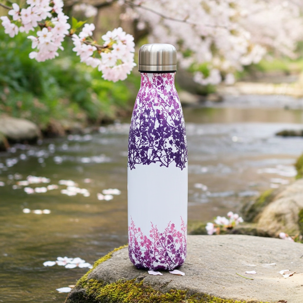 304 Stainless Steel Multicolor Water Bottle Lavender Blossom on a rock in a river with cherry blossoms