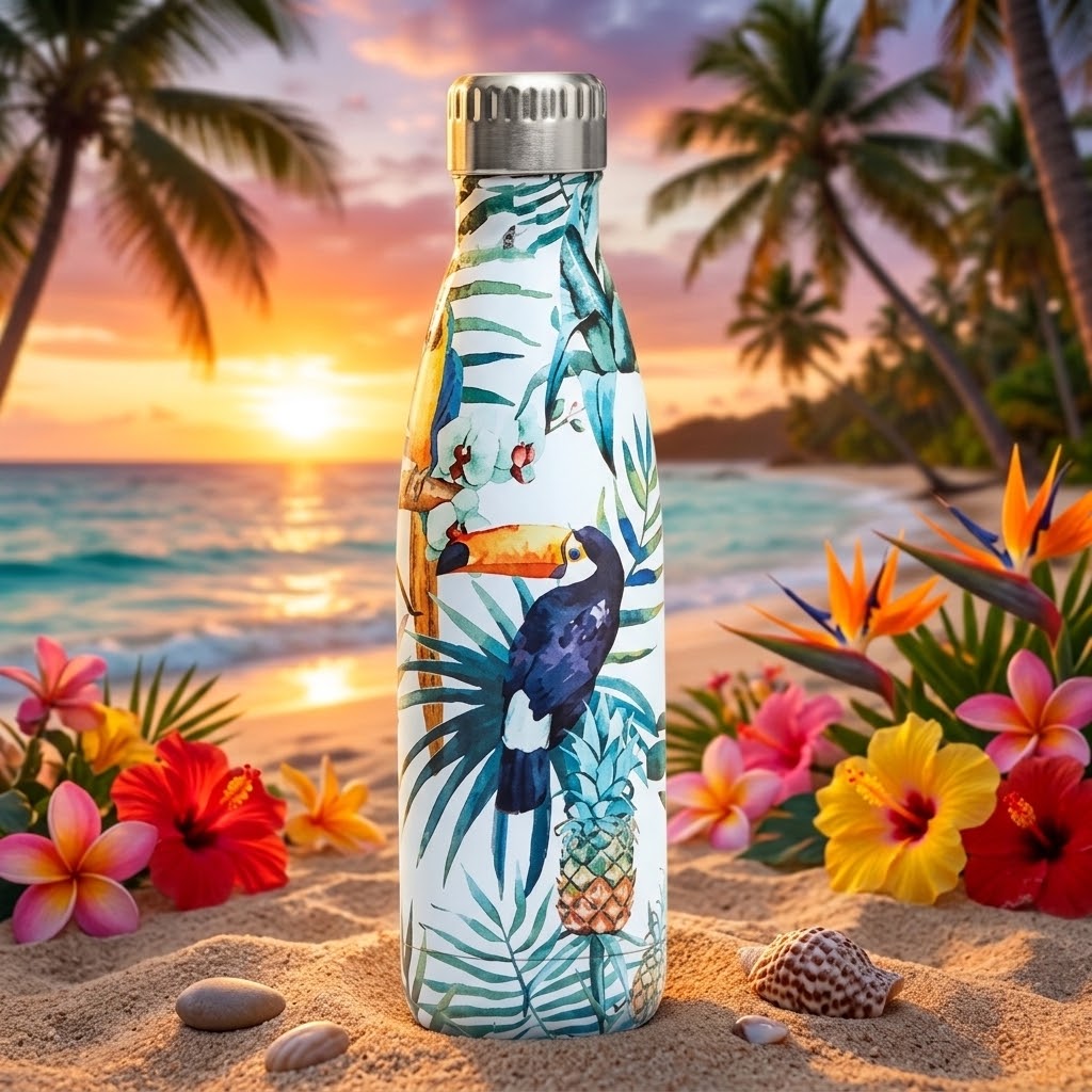 Tropical Stainless Steel Bottle — 500ml next to seashells and flowers