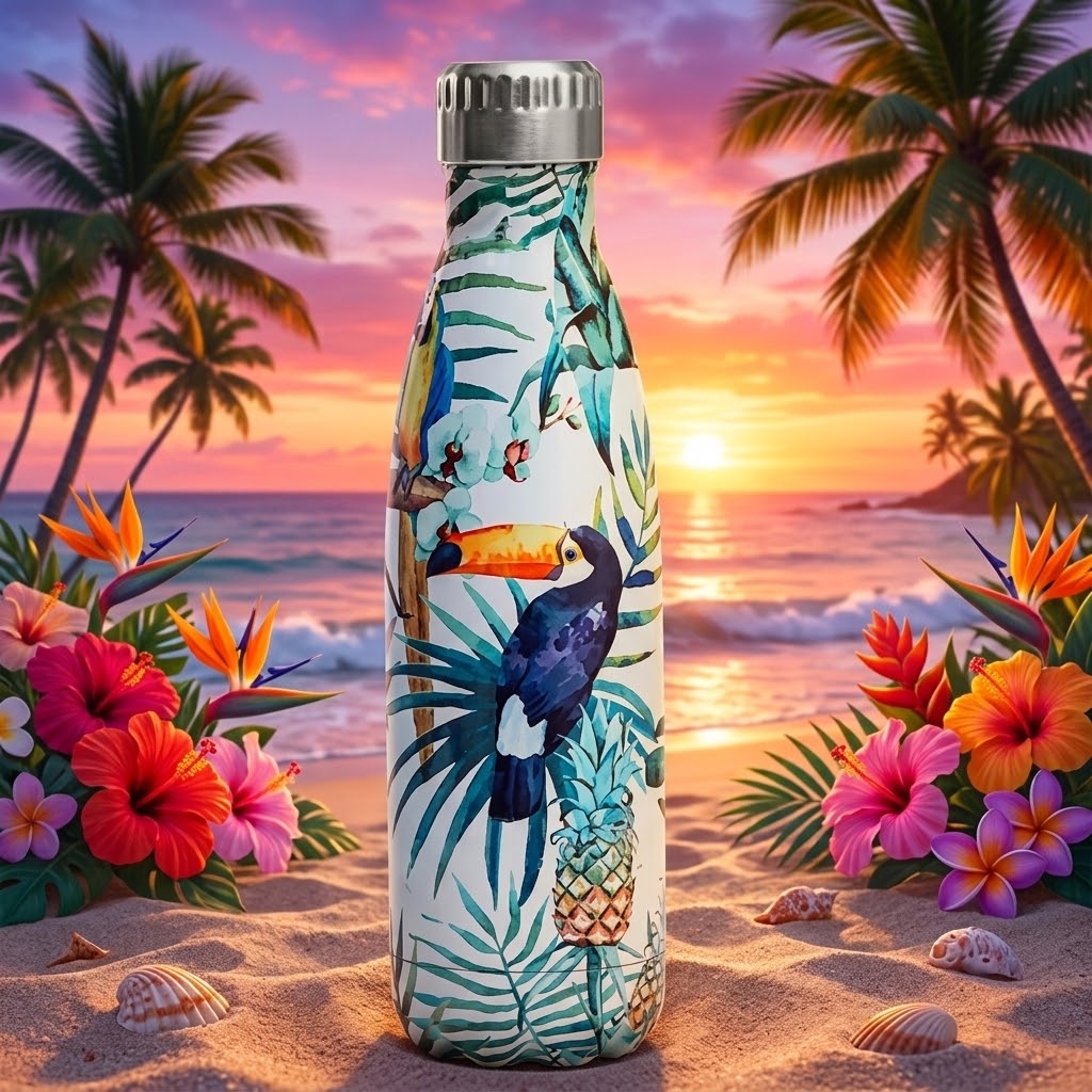 Tropical Stainless Steel Bottle — 500ml in a tropical beach scene