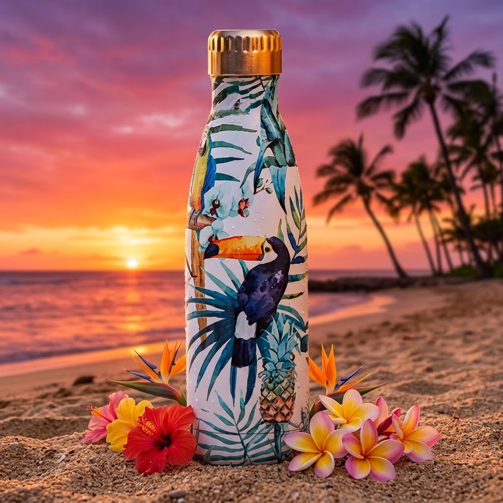 Tropical Stainless Steel Bottle — 500ml on a beach at sunset