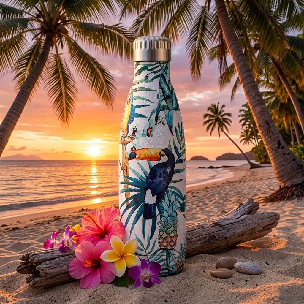 Tropical Stainless Steel Bottle — 500ml with a fallen log and tropical flowers