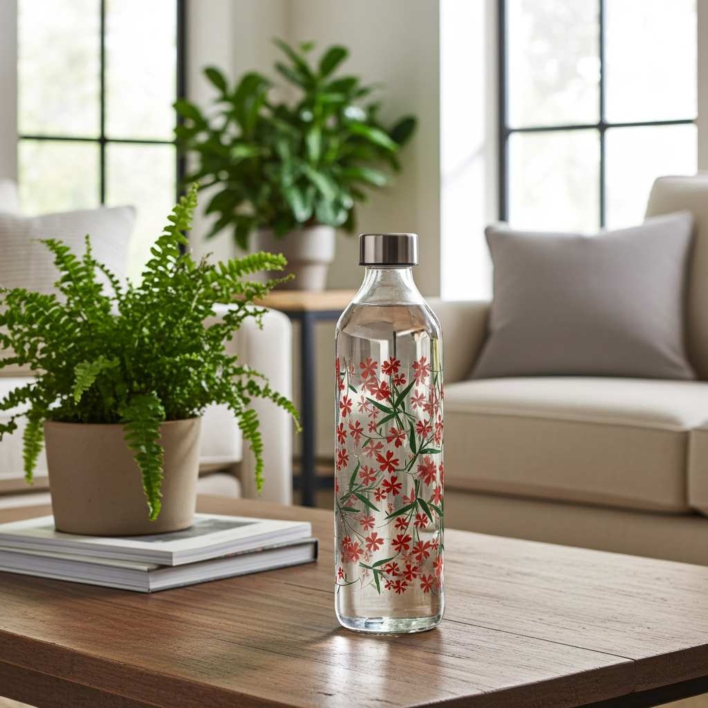 Floral Fire Printed Glass Water Bottle