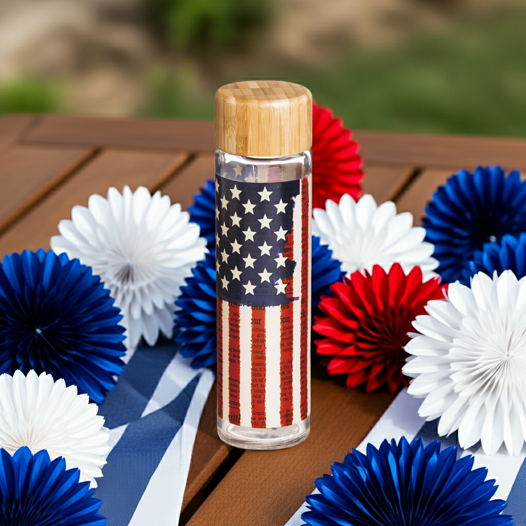 Land of Liberty Glass Water Bottle with red, white and blue patriotic flowers