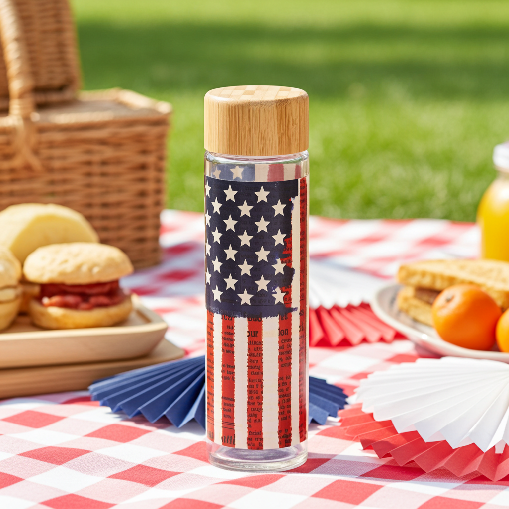 Land of Liberty Glass Water Bottle at a Memorial Day picnic with sandwiches and oranges
