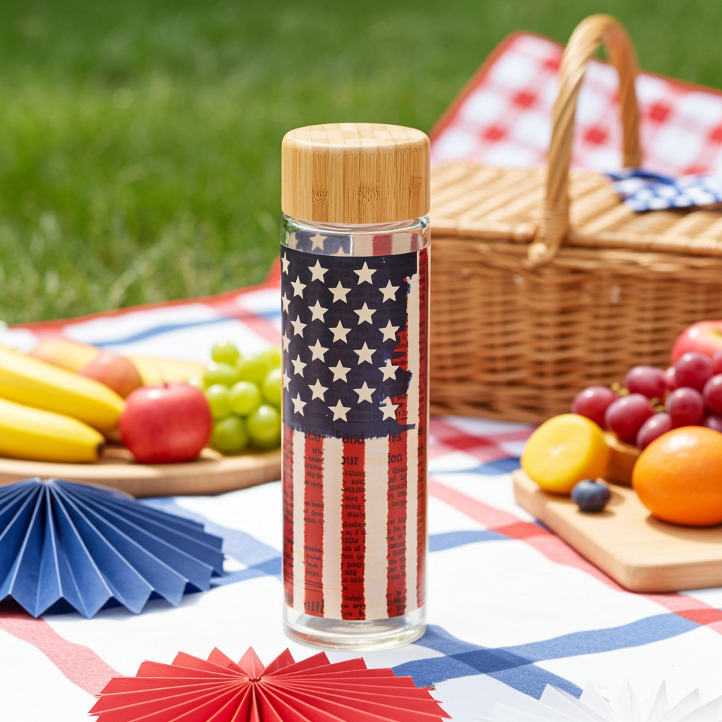 Land of Liberty Glass Water Bottle at a picnic with patriotic decor and plates of fruit