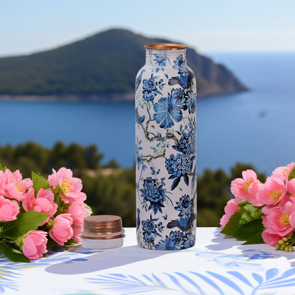 1L Blue Meena Print Pure Copper Water Bottle on a table with flowers and a tablecloth