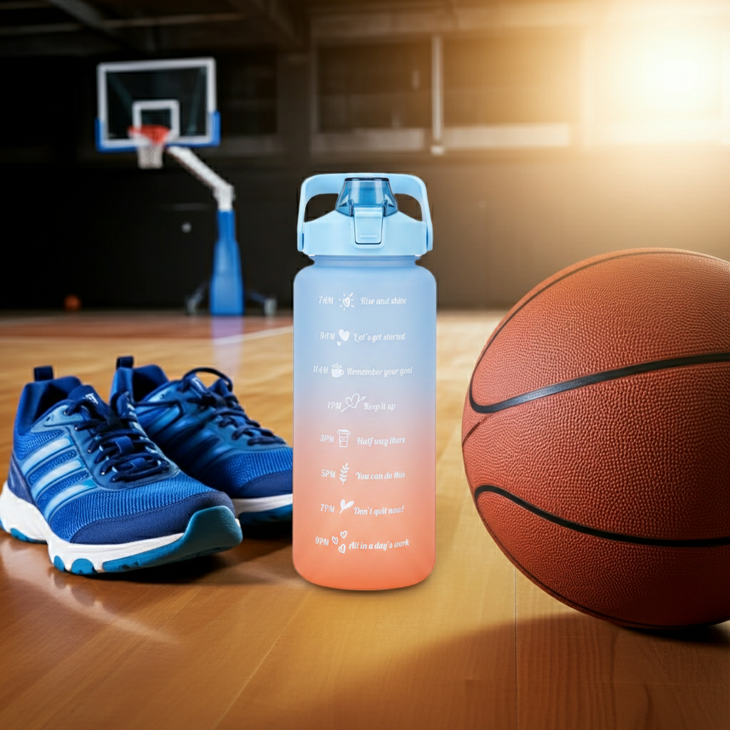 Aquatica HydroMark 2L Motivational Water Bottle — BPA-Free, Time-Marker Tracker, Straw Lid on a basketball court 