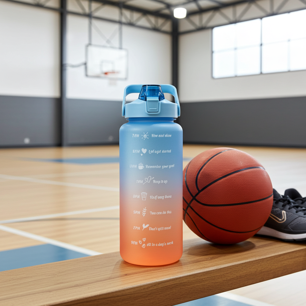 Aquatica HydroMark 2L Motivational Water Bottle — BPA-Free, Time-Marker Tracker, Straw Lid on a wooden bench at an indoor basketball court 