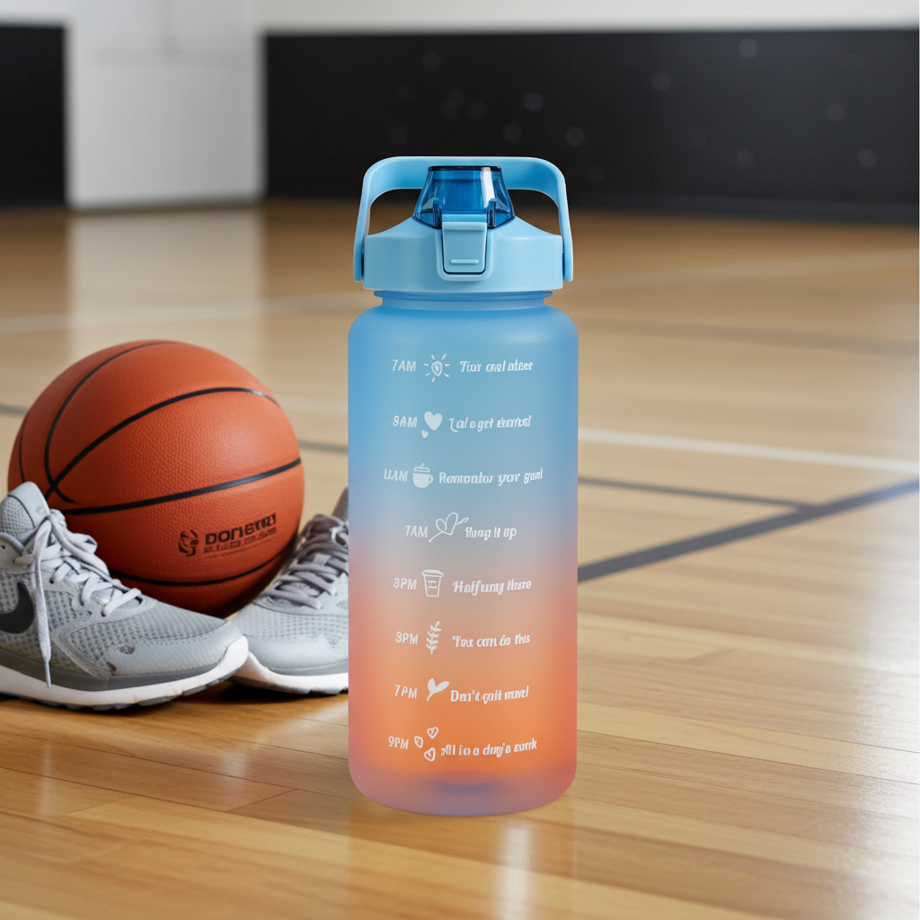 Aquatica HydroMark 2L Motivational Water Bottle — BPA-Free, Time-Marker Tracker, Straw Lid on a basketball court with shoes and a ball 