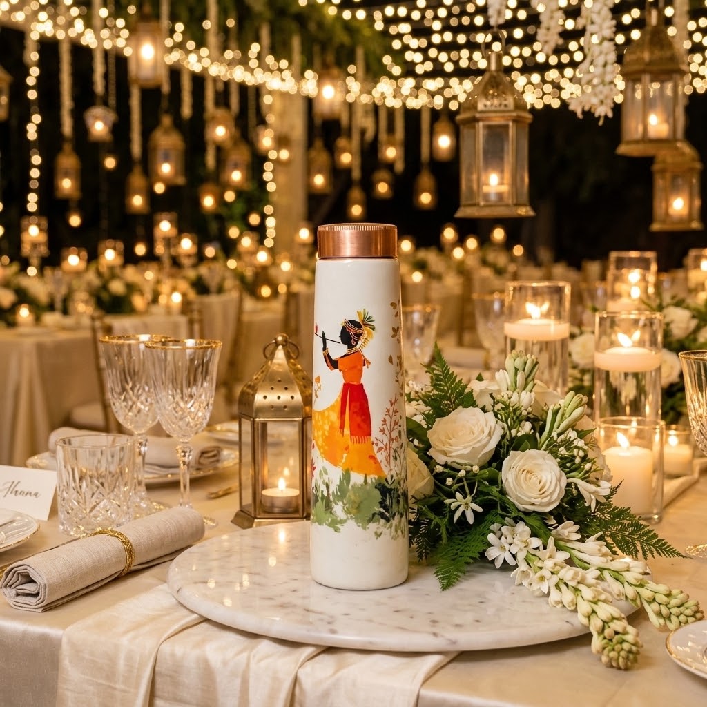 Sowpeace Divine Harmony Copper Bottle at a wedding dinner