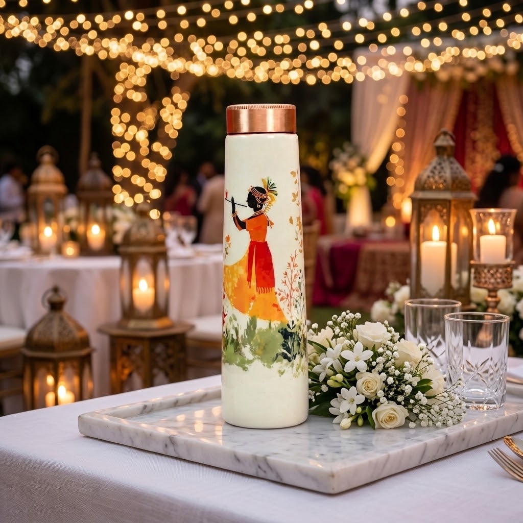 Sowpeace Divine Harmony Copper Bottle on a marble tray at an ornate wedding dinner