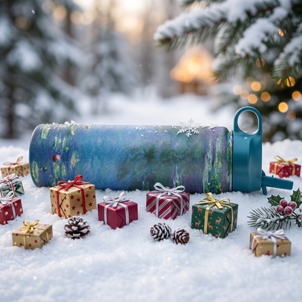 Claude Monet "Water Lilies" 24 oz Insulated Tumbler in a snowy holiday scene