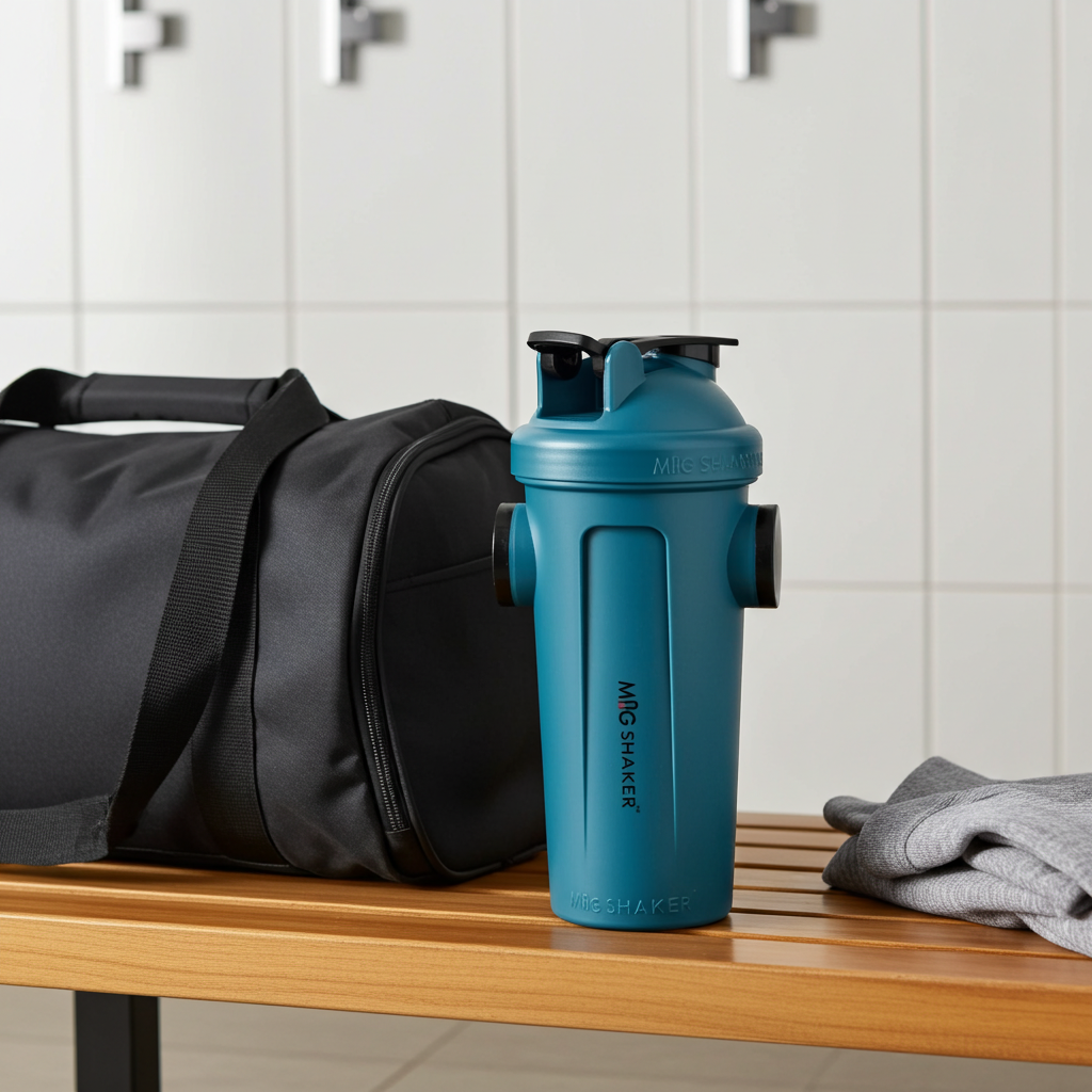 Mag Shaker (Upgraded Lid Included) on a bench in a locker room 