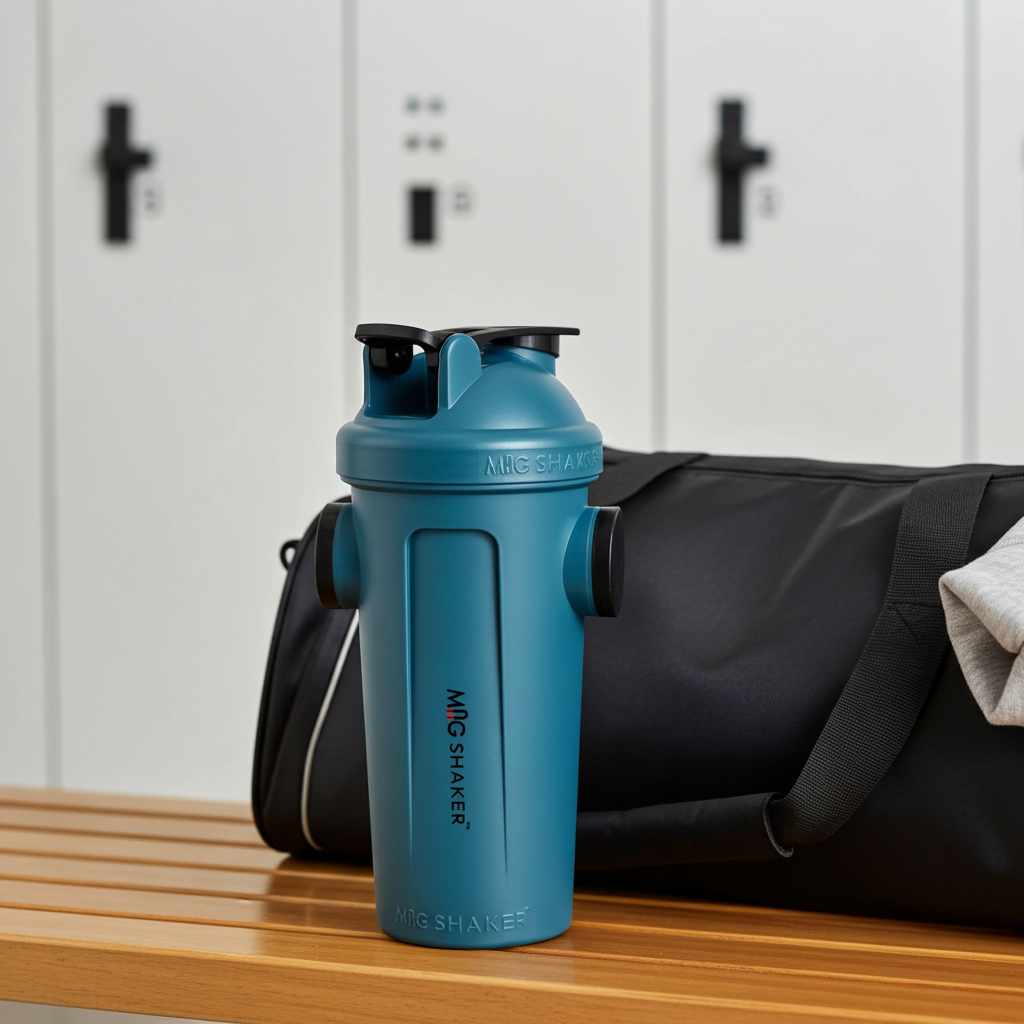 Mag Shaker (Upgraded Lid Included) with a duffel bag in a gym locker room