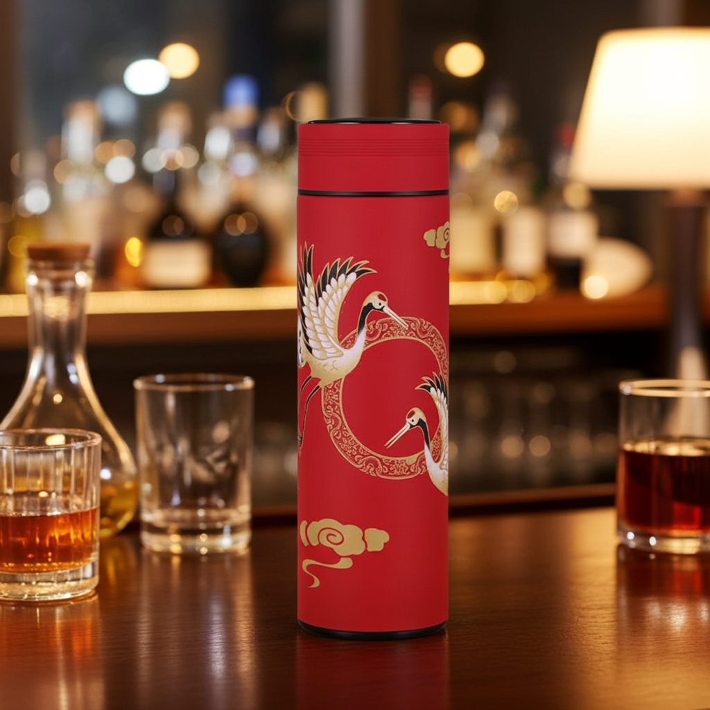 Smart Thermos Bottle with Temperature Display at a bar with drinks 
