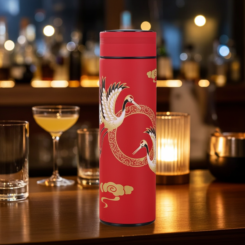 Smart Thermos Bottle with Temperature Display in a late night bar scene 