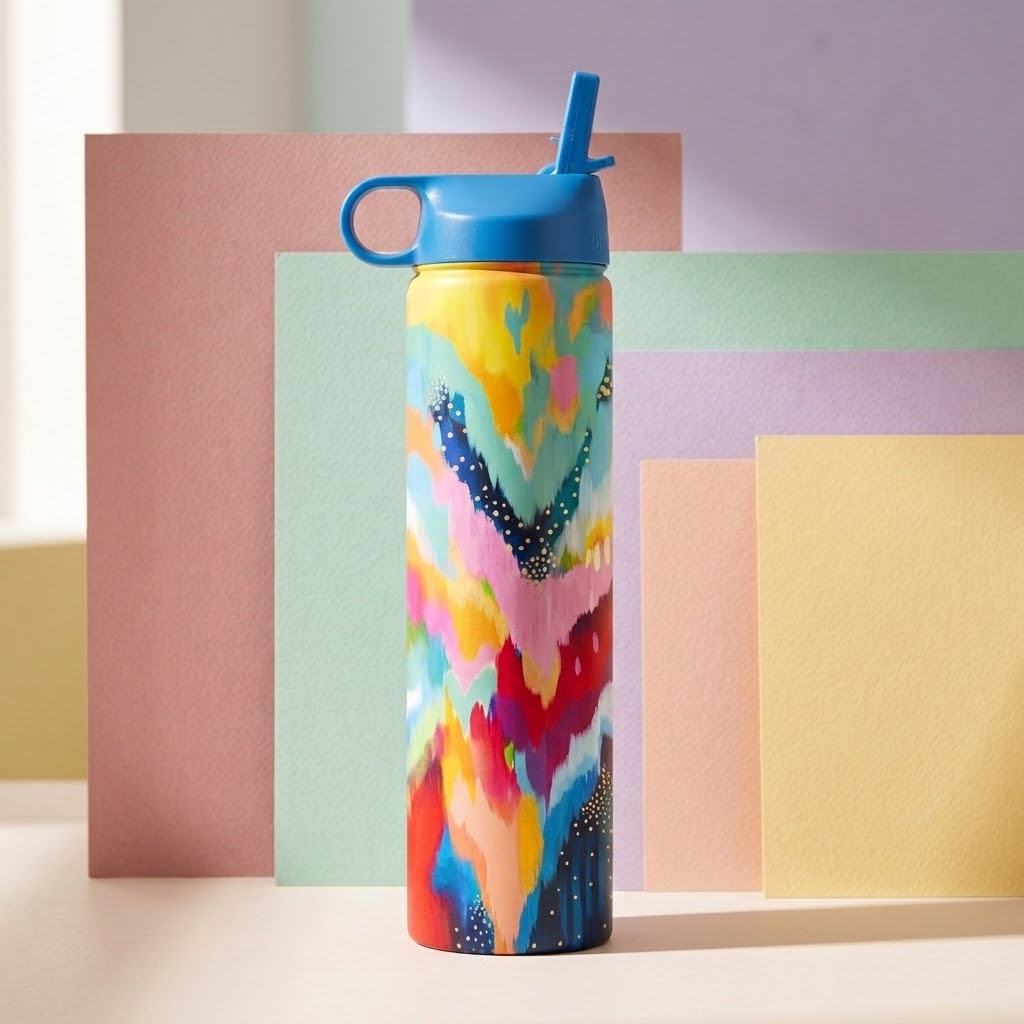 EttaVee "Brush Strokes 100" 24 oz Insulated Tumbler on a beige, lavender, cream and yellow background