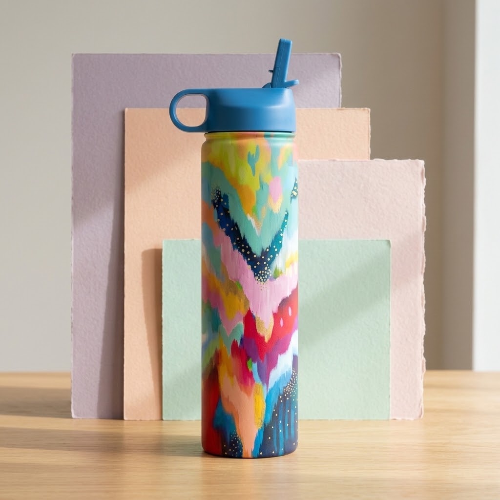 EttaVee "Brush Strokes 100" 24 oz Insulated Tumbler in a pastel studio setting
