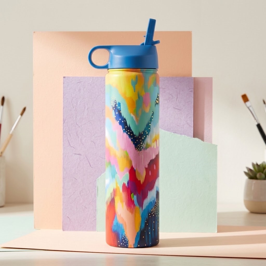EttaVee "Brush Strokes 100" 24 oz Insulated Tumbler with paintbrushes on a pastel backdrop