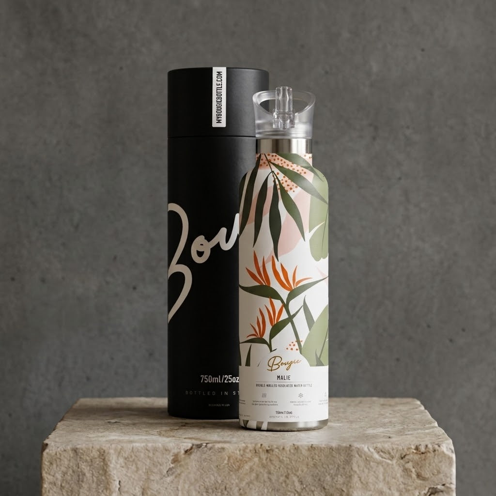 Malie 25 oz Insulated Bottle | Blue Hawaiian Floral in a concrete studio scene